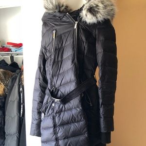 French Connection Black Belted Puffer W/ Fur